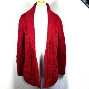Talbots Merino Wool Cable Knit Fishermans Cardigan Burgundy Shawl Collar PL